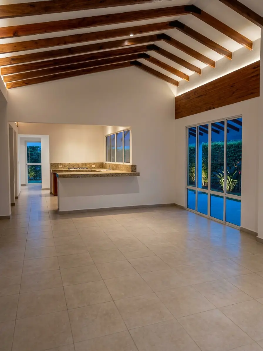 Sala con techo en madera de la Casa Campestre