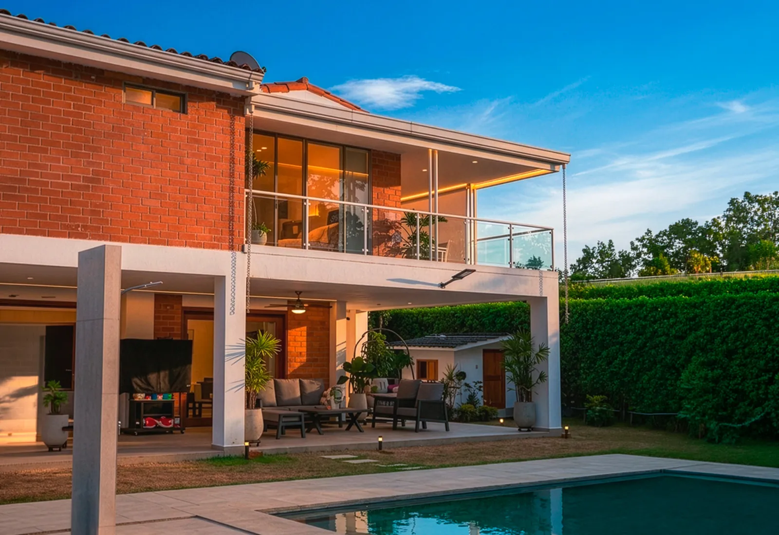 Casa Pance: terraza, piscina y fachada en ladrillo