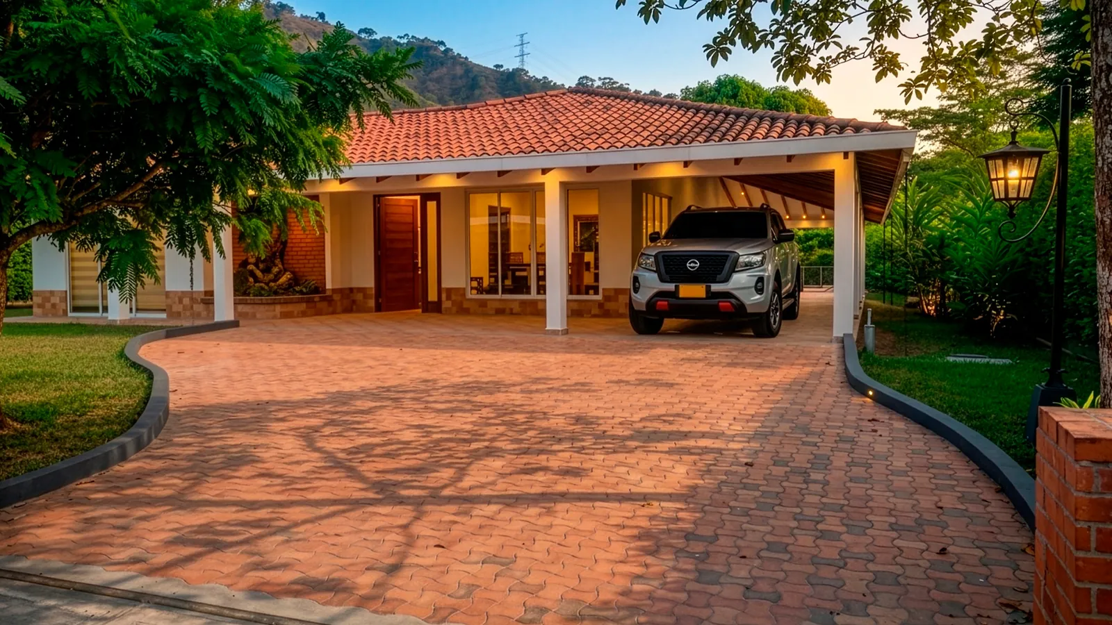 Casa Campestre con acceso en adoquín al atardecer