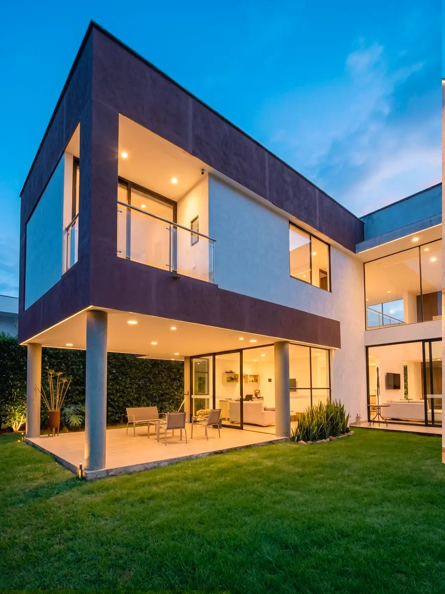 Casa Valle Verde: fachada contemporánea al atardecer
